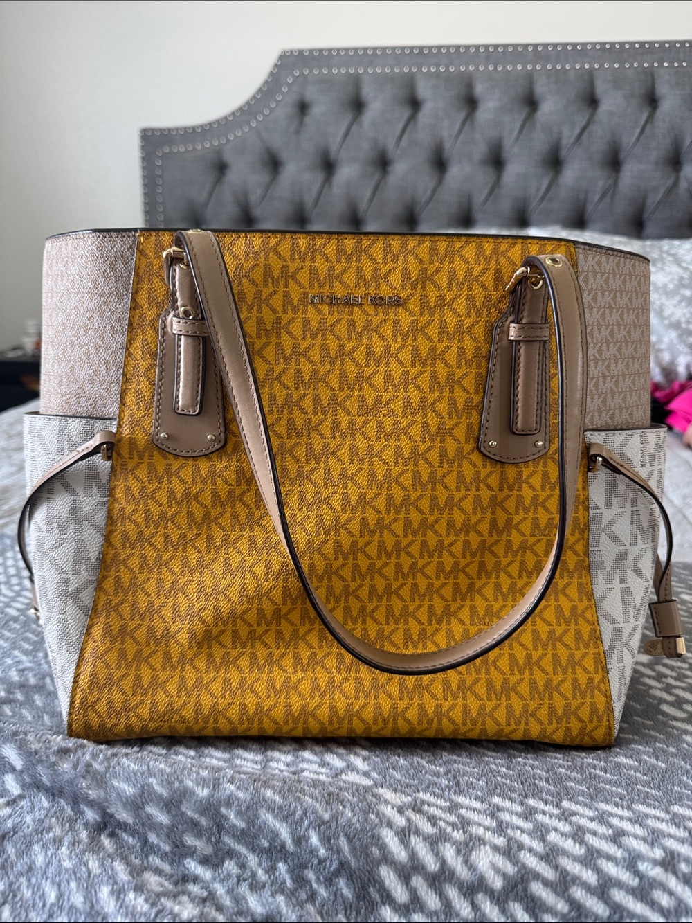Michael Kors MK Signature Tote in Mustard and Beige